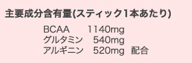 主要成分含有量（スティック1本あたり） BCAA1140mg グルタミン540mg アルギニン520mg配合