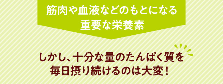 筋肉や血液などのもとになる重要な栄養素 しかし、十分な量のたんぱく質を 毎日摂り続けるのは大変！