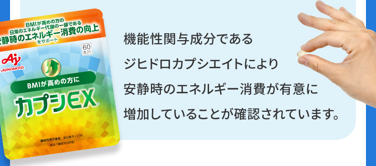 機能性関与成分であるジヒドロカプシエイトにより安静時のエネルギー消費が有意に増加していることが確認されています。