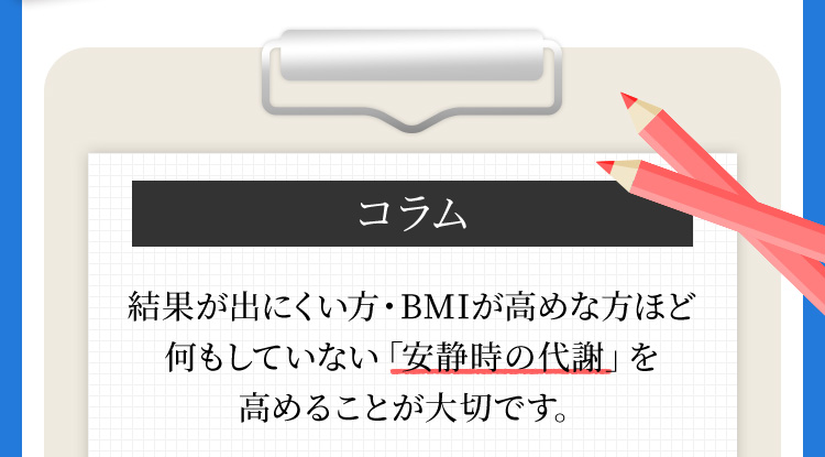 コラム　結果が出にくい方・BMIが高めな方ほど何もしていない「安静時の代謝」を高めることが大切です。