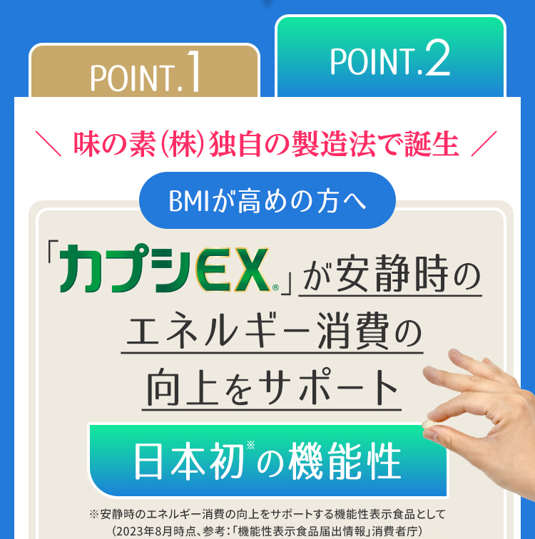 POINT.2　＼ 味の素（株）独自の製造法で誕生 ／　BMIが高めの方へ　カプシEX®が安静時のエネルギー消費の向上をサポート　日本初※の機能性　※安静時のエネルギー消費の向上をサポートする機能性表示食品として。（2023年8月時点、参考：「機能性表示食品届出情報」消費者庁）