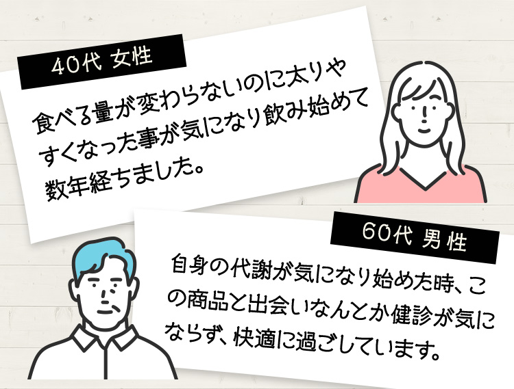40代女性　食べる量が変わらないのに太りやすくなった事が気になり飲み始めて数年経ちました。　60代男性　自身の代謝が気になり始めた時、この商品と出会いなんとか健診が気にならず、快適に過ごしています。