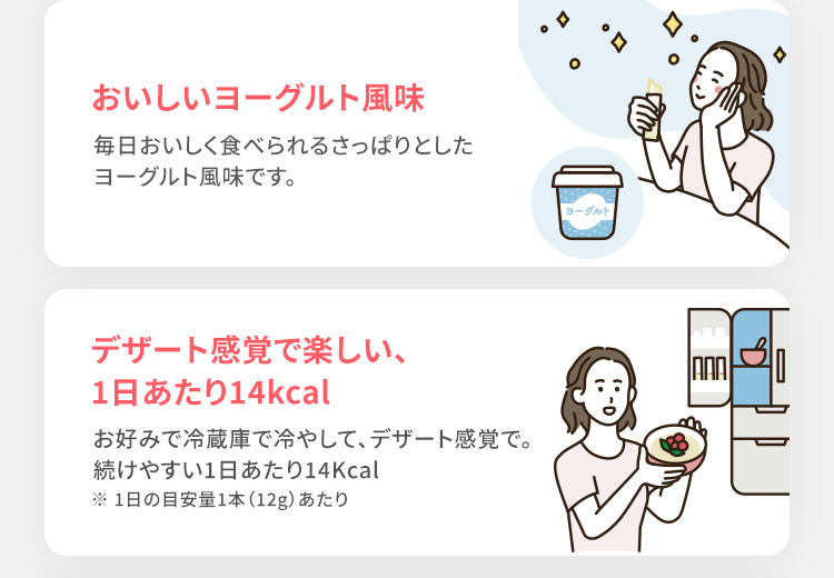 おいしいヨーグルト風味 毎日おいしく食べられるさっぱりとしたヨーグルト風味です。 デザート感覚で楽しい、1日あたり14kcal お好みで冷蔵庫で冷やして、デザート感覚で。
続けやすい1日あたり14Kcal ※ 1日の目安量1本(12g)あたり