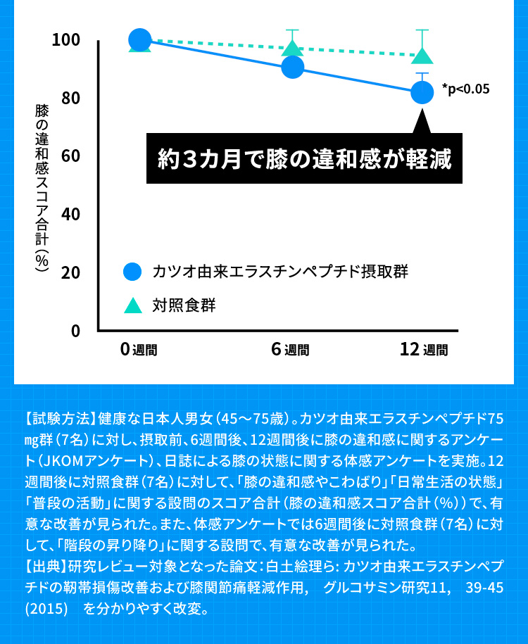 約３カ月で膝の違和感が軽減　【試験方法】健康な日本人男女（45～75歳）。カツオ由来エラスチンペプチド75㎎群（7名）に対し、摂取前、6週間後、12週間後に膝の違和感に関するアンケート（JKOMアンケート）、日誌による膝の状態に関する体感アンケートを実施。12週間後に対照食群（7名）に対して、「膝の違和感やこわばり」「日常生活の状態」「普段の活動」に関する設問のスコア合計（膝の違和感スコア合計（％））で、有意な改善が見られた。また、体感アンケートでは6週間後に対照食群（7名）に対して、「階段の昇り降り」に関する設問で、有意な改善が見られた。【出典】研究レビュー対象となった論文：白土絵理ら: カツオ由来エラスチンペプチドの靭帯損傷改善および膝関節痛軽減作用, グルコサミン研究11, 39-45 (2015)　を分かりやすく改変。