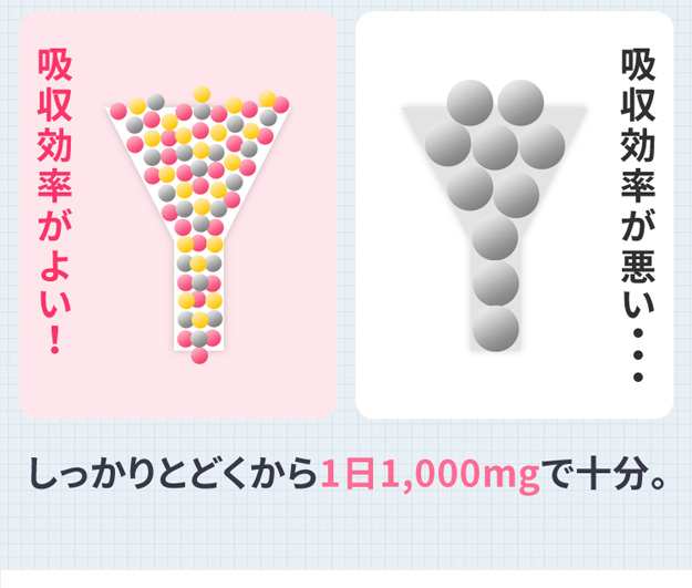 吸収効率がよい！ しっかりとどくから1日1,000mgで十分。 