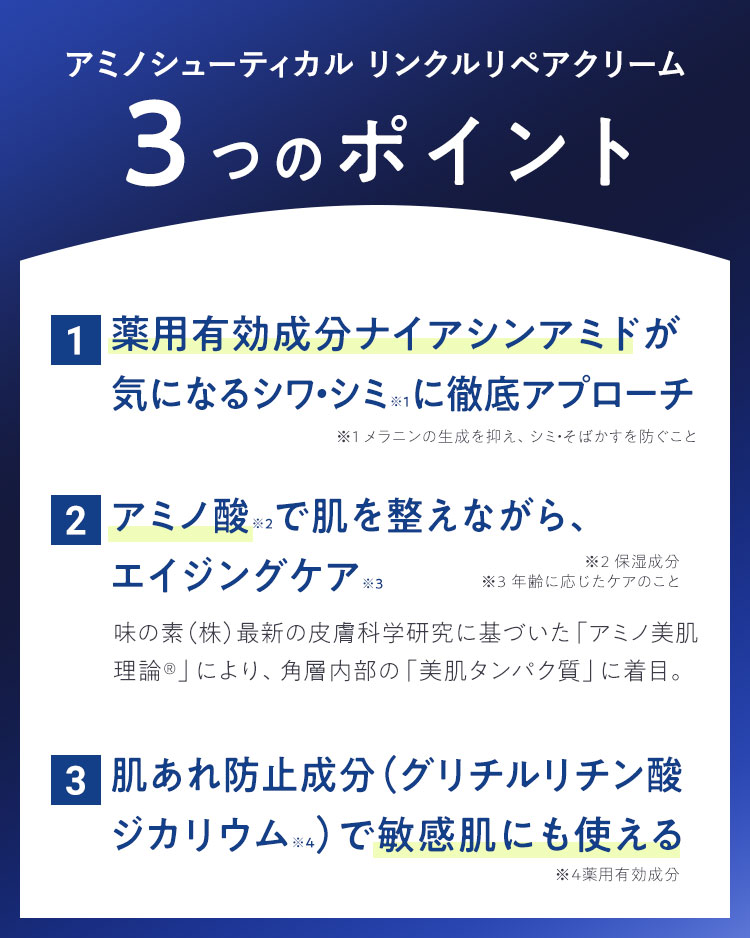 アミノシューティカル リンクルリペアクリーム 3つのポイント 薬用有効成分ナイアシンアミドが気になるシワ・シミ※1に徹底アプローチ ※1 メラニンの生成を抑え、シミ・そばかすを防ぐこと アミノ酸※2で肌を整えながら、エイジングケア※3 ※2 保湿成分 ※3 年齢に応じたケアのこと 味の素（株）最新の皮膚科学研究に基づいた「アミノ美肌理論®」により、角層内部の「美肌タンパク質」に着目。 肌あれ防止成分（グリチルリチン酸ジカリウム※４）で敏感肌にも使える ※４薬用有効成分