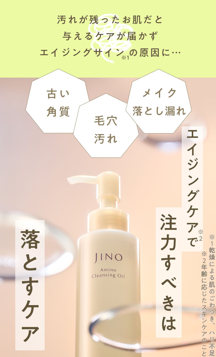 汚れが残ったお肌だと与えるケアが届かずエイジングサイン※１の原因に… 古い角質 毛穴汚れ メイク落とし漏れ エイジングケア※2で注力すべきは落とすケア ※１乾燥による肌のごわつき、ハリ不足 ※２年齢に応じたスキンケアのこと