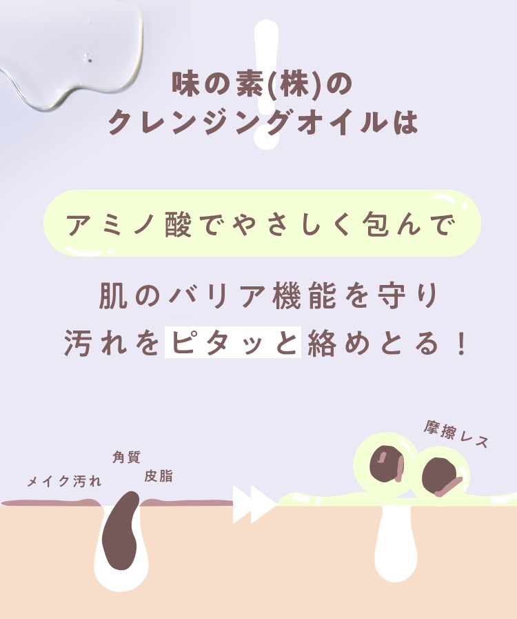 味の素(株)のクレンジングオイルはアミノ酸でやさしく包んんで肌のバリア機能を守り汚れをピタッと絡めとる！
