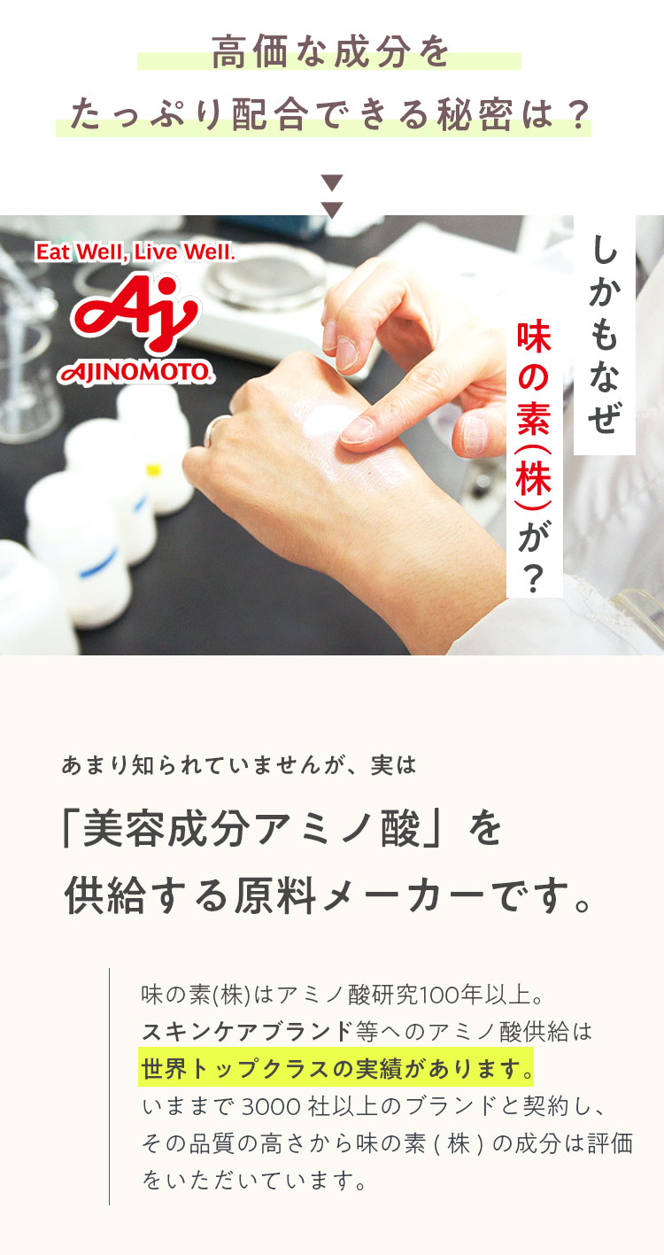 高価な成分をたっぷり配合できる秘密は？ しかもなぜ味の素(株)が？ あまり知られていませんが、実は「美容成分アミノ酸」を供給する原料メーカーです。味の素(株)はアミノ酸研究100年以上。スキンケアブランド等ヘのアミノ酸供給は世界トップクラスの実績があります。いままで3000社以上のブランドと契約し、その品質の高さから味の素(株)の成分は評価をいただいています。 