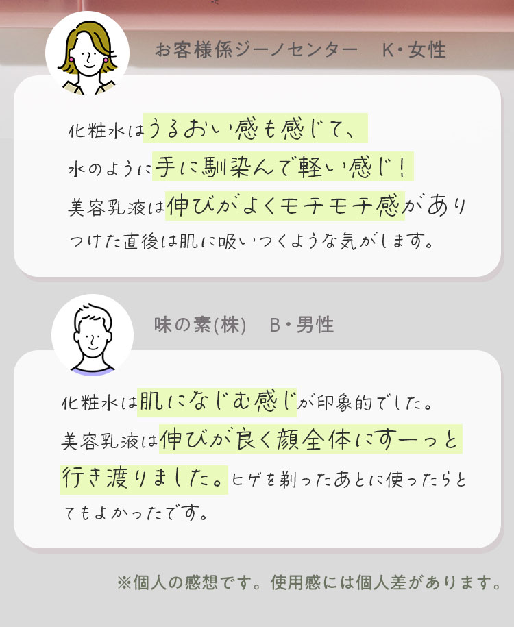 お客様係ジーノセンター　K・女性 化粧水はうるおい感も感じて、水のように手に馴染んで軽い感じ！美容乳液は伸びがよくモチモチ感がありつけた直後は肌に吸いつくような気がします。 味の素(株)　B・男性 化粧水は肌になじむ感じが印象的でした。美容乳液は伸びが良く顔全体にすーっと行き渡りました。ヒゲを剃ったあとに使ったらとてもよかったです。 ※個人の感想です。使用感には個人差があります。