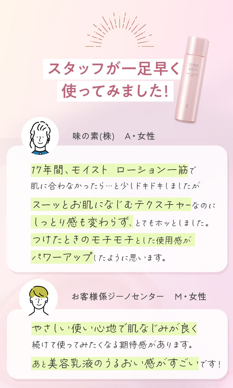 スタッフが一足早く使ってみました! 味の素(株) A・女性 17年間、モイスト ローション一筋で肌に合わなかったら…と少しドキドキしましたがスーッとお肌になじむテクスチャーなのにしっとり感も変わらず、とてもホッとしました。つけたときのモチモチとした使用感がパワーアップしたように思います。 お客様係ジーノセンター M・女性 やさしい使い心地で肌なじみが良く続けて使ってみたくなる期待感があります。あと美容乳液のうるおい感がすごいです!