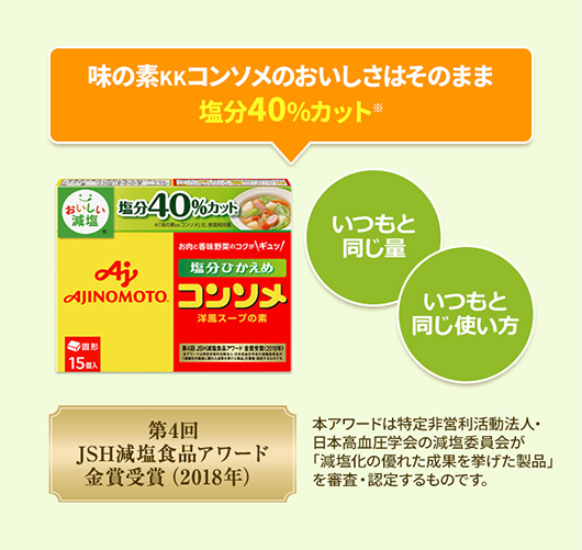 味の素KKコンソメのおいしさはそのまま塩分40%カット