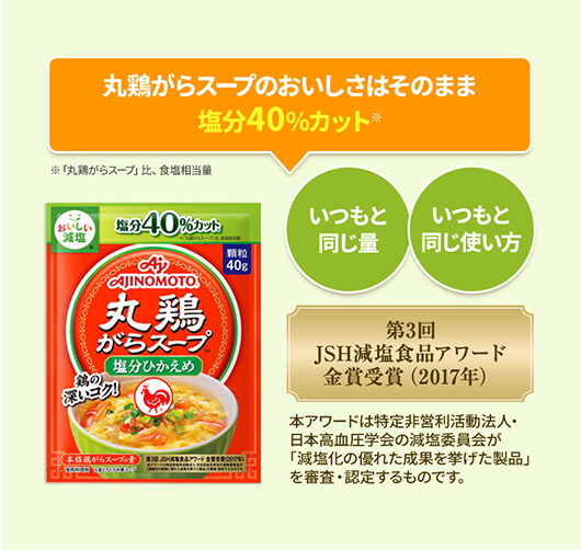 丸鶏がらスープのおいしさはそのまま塩分60%カット