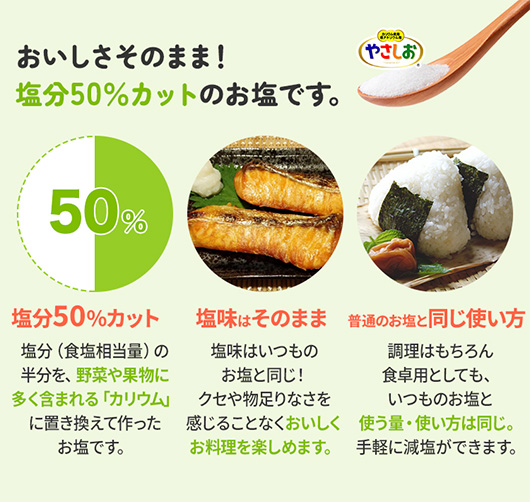 おいしさそのまま！塩分50%カットのお塩です。