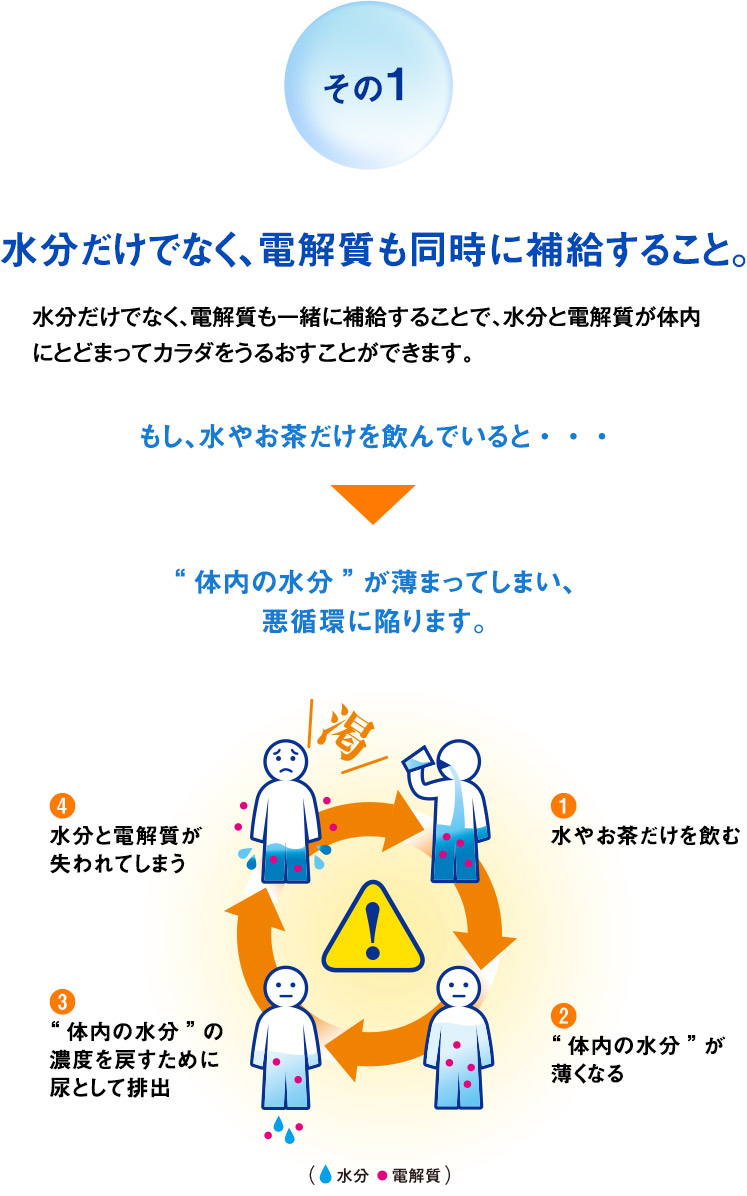 その1 水分だけでなく、電解質も同時に補給すること。水分だけでなく、電解質も一緒に補給することで、水分と電解質が体内にとどまってカラダをうるおすことができます。