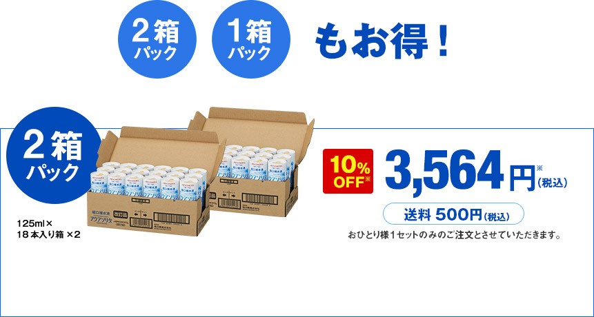 2箱パック 1箱パックもお得！ 2箱 パック 3,564円（税込）※ 10％OFF※ 送料500円（税込） 125mlX18本入り箱 おひとり様１セットのみのご注文とさせていただきます。