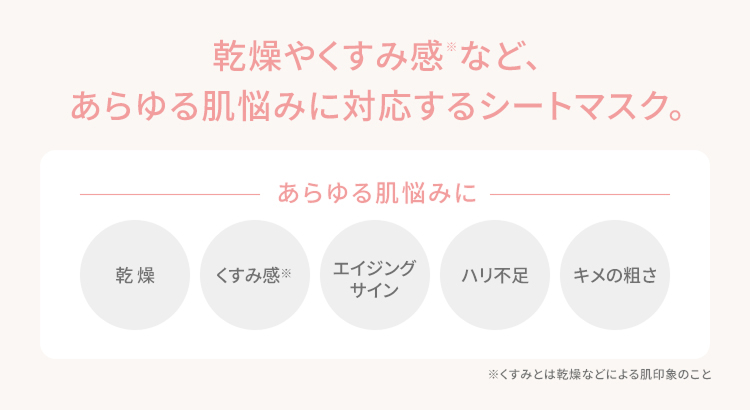 乾燥やくすみ感など、あらゆる肌悩みに対応するシートマスク。