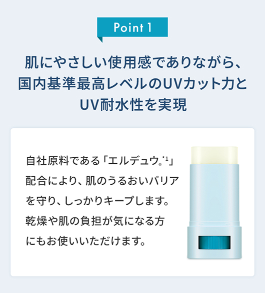 肌にやさしい使用感でありながら、国内基準最高レベルのUVカット力とUV耐水性を実現。自社原料である「エルデュウ®*1」配合により、肌のうるおいバリアを守り、しっかりキープします。乾燥や肌の負担が気になる方にもお使いいただけます