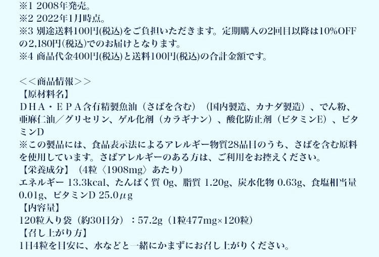 ※1 2008年発売。 ※2 2022年1月時点。 ※3 別途送料100円(税込)をご負担いただきます。定期購入の2回目以降は10%OFFの2,180円(税込)でのお届けとなります。 ※4 商品代金400円(税込)と送料100円(税込)の合計金額です。 ＜＜商品情報＞＞【原材料名】DHA・EPA含有精製魚油（さばを含む）（国内製造、カナダ製造）、でん粉、亜麻仁油／グリセリン、ゲル化剤（カラギナン）、酸化防止剤（ビタミンE）、ビタミンD ※この製品には、食品表示法によるアレルギー物質28品目のうち、さばを含む原料を使用しています。さばアレルギーのある方は、ご利用をお控えください。 【栄養成分】（4粒〈1908mg〉あたり） エネルギー 13.3kcal、たんぱく質 0g、脂質 1.20g、炭水化物 0.63g、食塩相当量 0.01g、ビタミンD 25.0μg 【内容量】 120粒入り袋（約30日分）：57.2g（1粒477mg×120粒）【召し上がり方】1日4粒を目安に、水などと一緒にかまずにお召し上がりください。