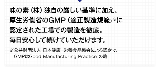 味の素（株）独自の厳しい基準に加え、厚生労働省のGMP（適正製造規範）に認定された工場での製造を徹底。