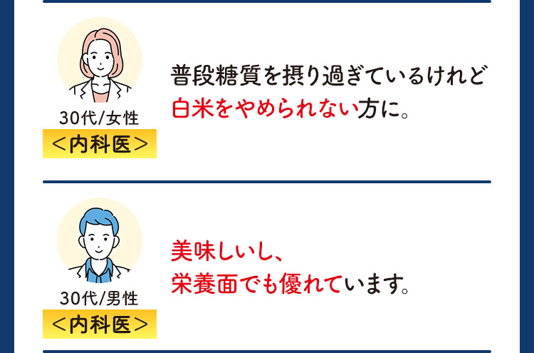 内科医 30代/女性 普段糖質を摂り過ぎているけれど白米をやめられない方に。 内科医 30代/男性 美味しいし、栄養面でも優れています。