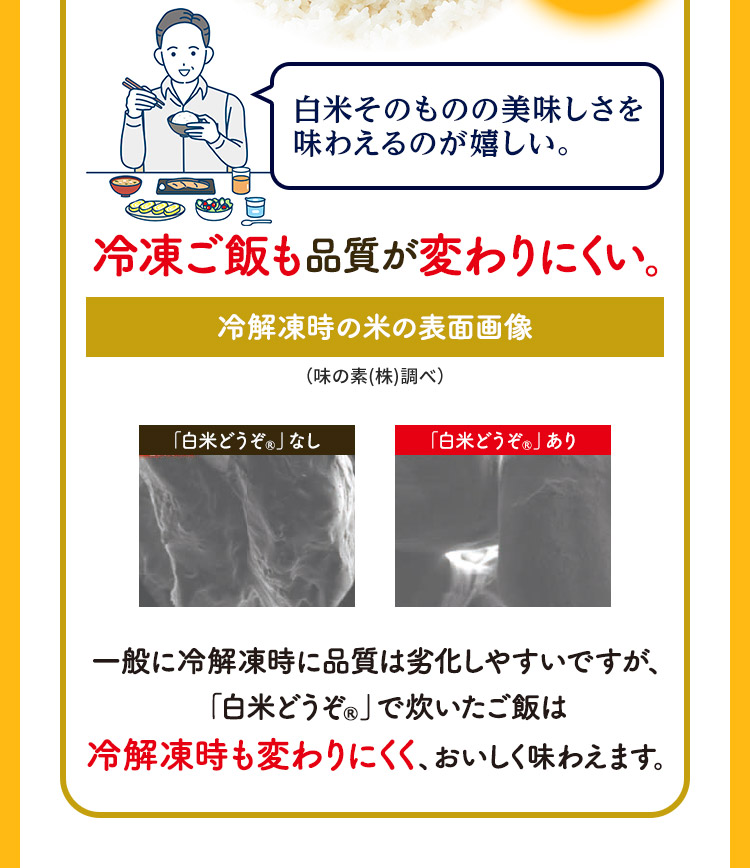 白米そのものの美味しさを味わえるのが嬉しい。 冷凍ご飯も品質が変わりにくい。 冷解凍時の米の表面画像（味の素(株)調べ） 一般に冷解凍時に品質は劣化しやすいですが、「白米どうぞ®」で炊いたご飯は冷解凍時も変わりにくく、おいしく味わえます。