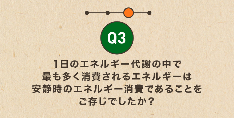 Q31日のエネルギー代謝の中で最も多く消費されるエネルギーは安静時のエネルギー消費であることをご存じでしたか？