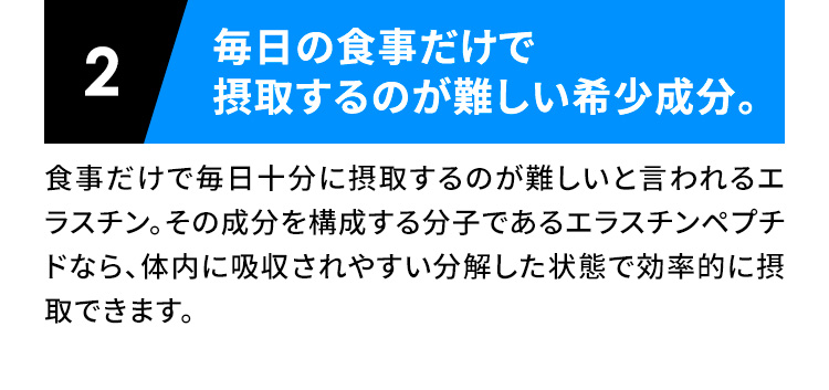 毎日の食事だけで摂取するのが難しい希少成分。 食事だけで毎日十分に摂取するのが難しいと言われるエラスチン。その成分を構成する分子であるエラスチンペプチドなら、体内に吸収されやすい分解した状態で効率的に摂取できます。