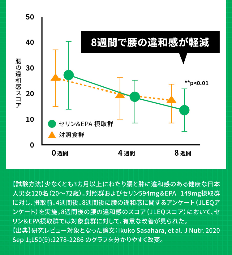 8週間で腰の違和感が軽減 【試験方法】少なくとも3カ月以上にわたり腰と膝に違和感のある健康な日本人男女120名(20~72歳)。対照群およびセリン594mg&EPA 149mg摂取群に対し、摂取前、4週間後、8週間後に腰の違和感に関するアンケート(JLEQアンケート)を実施。8週間後の腰の違和感のスコア(JLEQスコア)において、セリン&EPA摂取群では対象食群に対して、有意な改善が見られた。
【出典】研究レビュー対象となった論文:Ikuko Sasahara, et al. J Nutr. 2020 Sep 1;150(9):2278-2286 のグラフを分かりやすく改変。