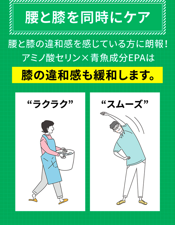 腰と膝を同時にケア 腰と膝の違和感を感じている方に朗報!アミノ酸セリン×青魚成分EPAは膝の違和感も緩和します。“ラクラク” “スムーズ”