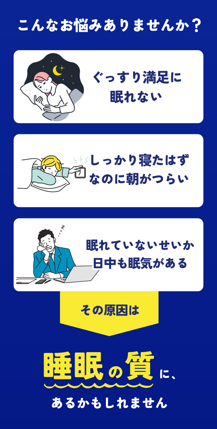 こんなお悩みありませんか？ ぐっすり満足に眠れない しっかり寝たはずなのに朝がつらい 眠れていないせいか日中も眠気がある その原因は睡眠の質に、あるかもしれません