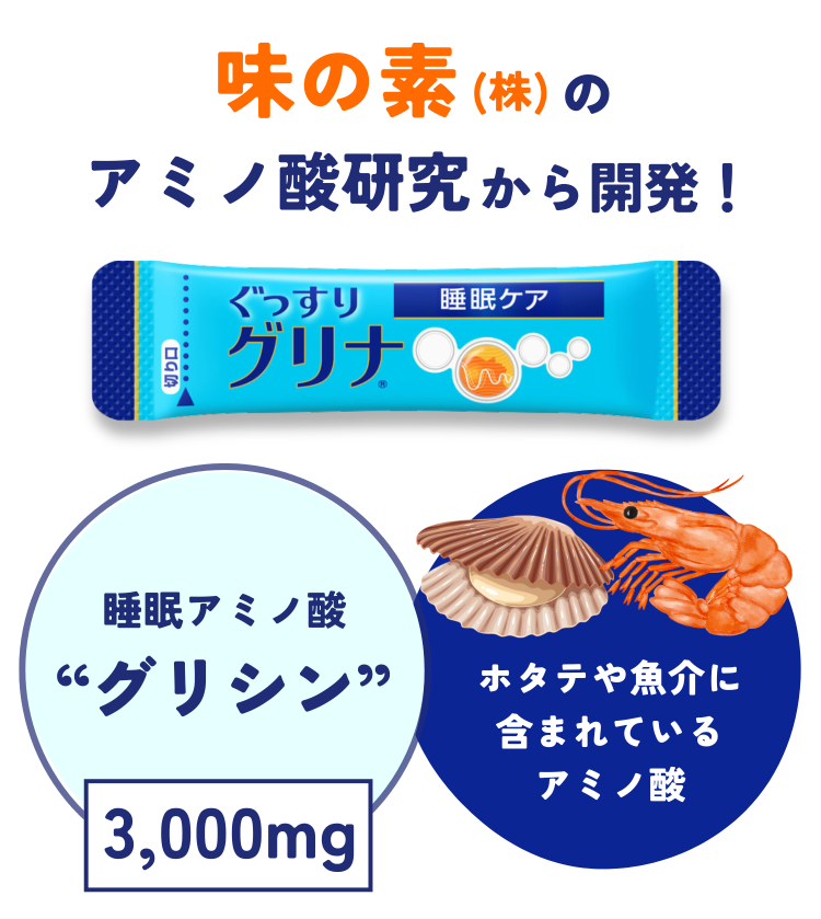味の素(株)のアミノ酸研究から開発！睡眠アミノ酸“グリシン”3,000mg ホタテや魚介に含まれているアミノ酸