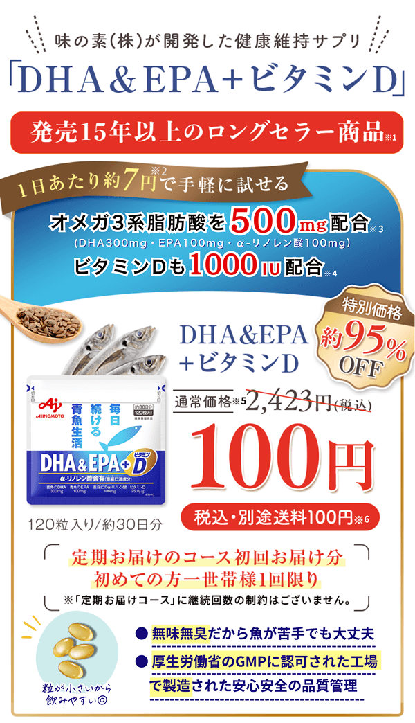  味の素（株）が開発した健康維持サプリ「DHA＆EPA＋ビタミンD」