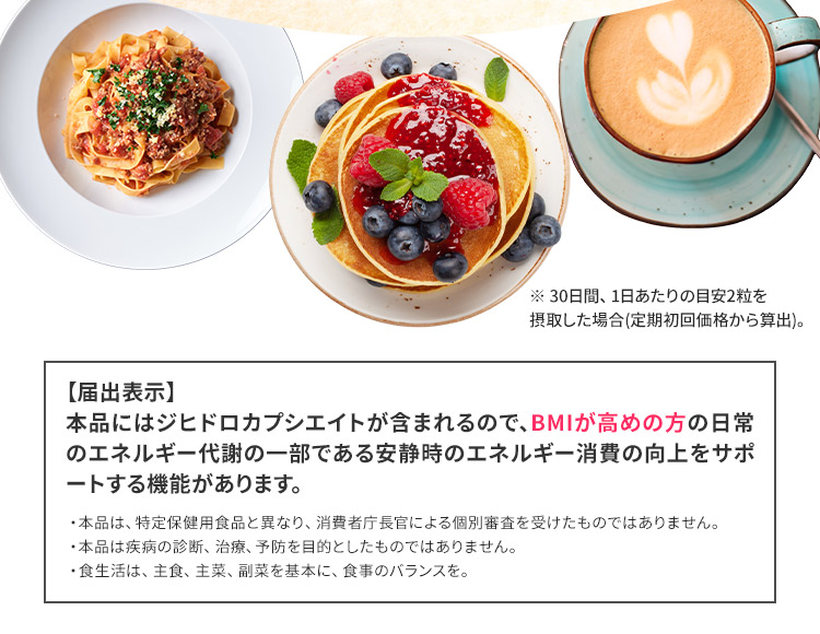 ※ 30日間、1日あたりの目安2粒を摂取した場合(定期初回価格から算出)。　【届出表示】本品にはジヒドロカプシエイトが含まれるので、BMIが高めの方の日常のエネルギー代謝の一部である安静時のエネルギー消費の向上をサポートする機能があります。●本品は、特定保健用食品と異なり、消費者庁長官による個別審査を受けたものではありません。●本品は疾病の診断、治療、予防を目的としたものではありません。●食生活は、主食、主菜、副菜を基本に、食事のバランスを。