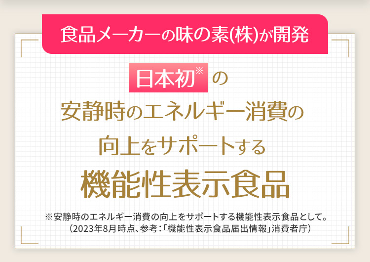 食品メーカーの味の素(株)が開発 日本初※の安静時のエネルギー消費の向上をサポートする機能性表示食品※安静時のエネルギー消費の向上をサポートする機能性表示食品として。（2023年8月時点、参考：「機能性表示食品届出情報」消費者庁）