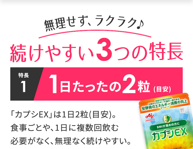 無理せず、ラクラク♪　続けやすい3つの特長　特徴1 1日たったの2粒 (目安)「カプシEX®」は1日2粒(目安)。食事ごとや、1日に複数回飲む必要がなく、無理なく続けやすい。