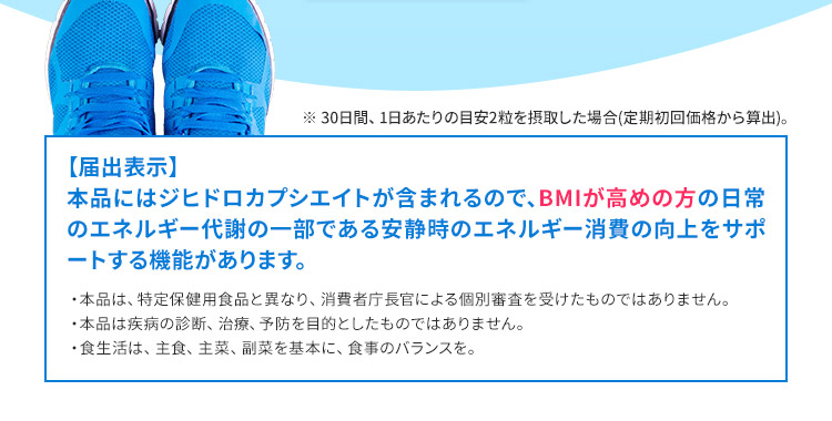 ※ 30日間、1日あたりの目安2粒を摂取した場合(定期初回価格から算出)。　【届出表示】本品にはジヒドロカプシエイトが含まれるので、BMIが高めの方の日常のエネルギー代謝の一部である安静時のエネルギー消費の向上をサポートする機能があります。　●本品は、特定保健用食品と異なり、消費者庁長官による個別審査を受けたものではありません。 ●本品は疾病の診断、治療、予防を目的としたものではありません。●食生活は、主食、主菜、副菜を基本に、食事のバランスを。