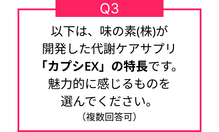 以下は、味の素(株)が開発した代謝ケアサプリ「カプシEX」の特長です。魅力的に感じるものを選んでください。（複数回答可）