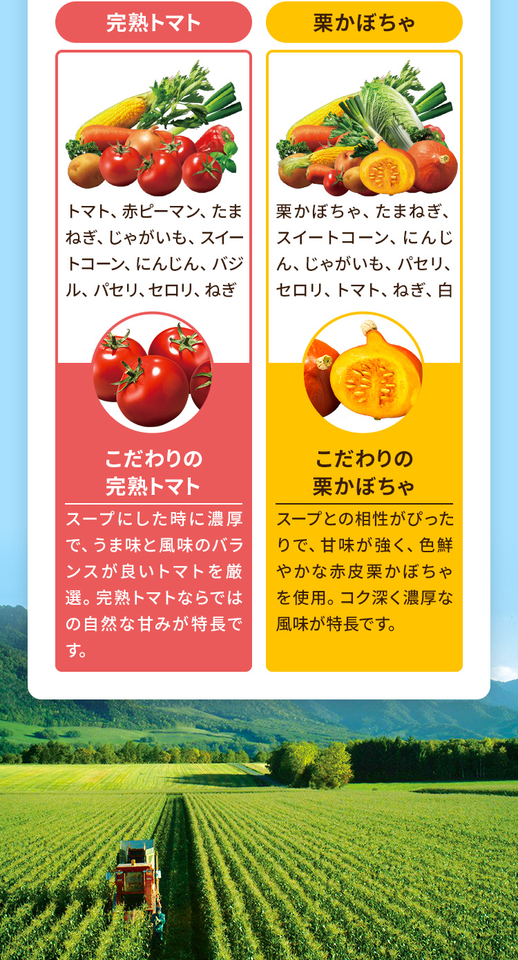 完熟トマト トマト、赤ピーマン、たまねぎ、じゃがいも、スイートコーン、にんじん、バジル、パセリ、セロリ、ねぎ スープにした時に濃厚で、うま味と風味のバランスが良いトマトを厳選。完熟トマトならではの自然な甘みが特長です。 栗かぼちゃ 栗かぼちゃ、たまねぎ、スイートコーン、にんじん、じゃがいも、パセリ、セロリ、トマト、ねぎ、白菜 スープとの相性がぴったりで、甘味が強く、色鮮やかな赤皮栗かぼちゃを使用。コク深く濃厚な風味が特長です。