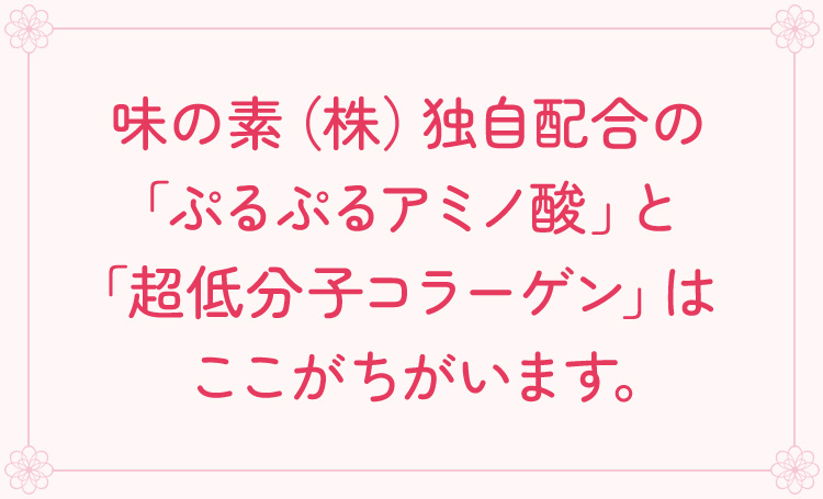 味の素（株）独自配合の「ぷるぷるアミノ酸」と「超低分子コラーゲン」はここがちがいます。