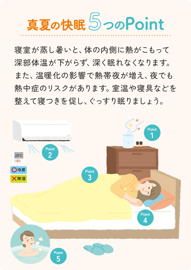 真夏の快眠 5 つの Point