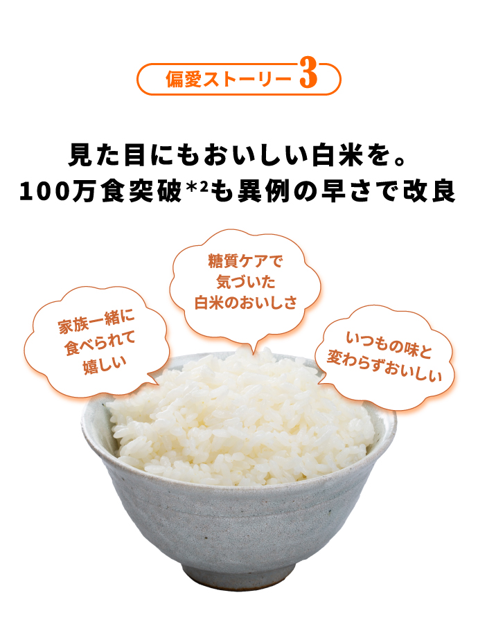 偏愛ストーリー3 見た目にもおいしい白米を。100万食突破＊2も異例の早さで改良